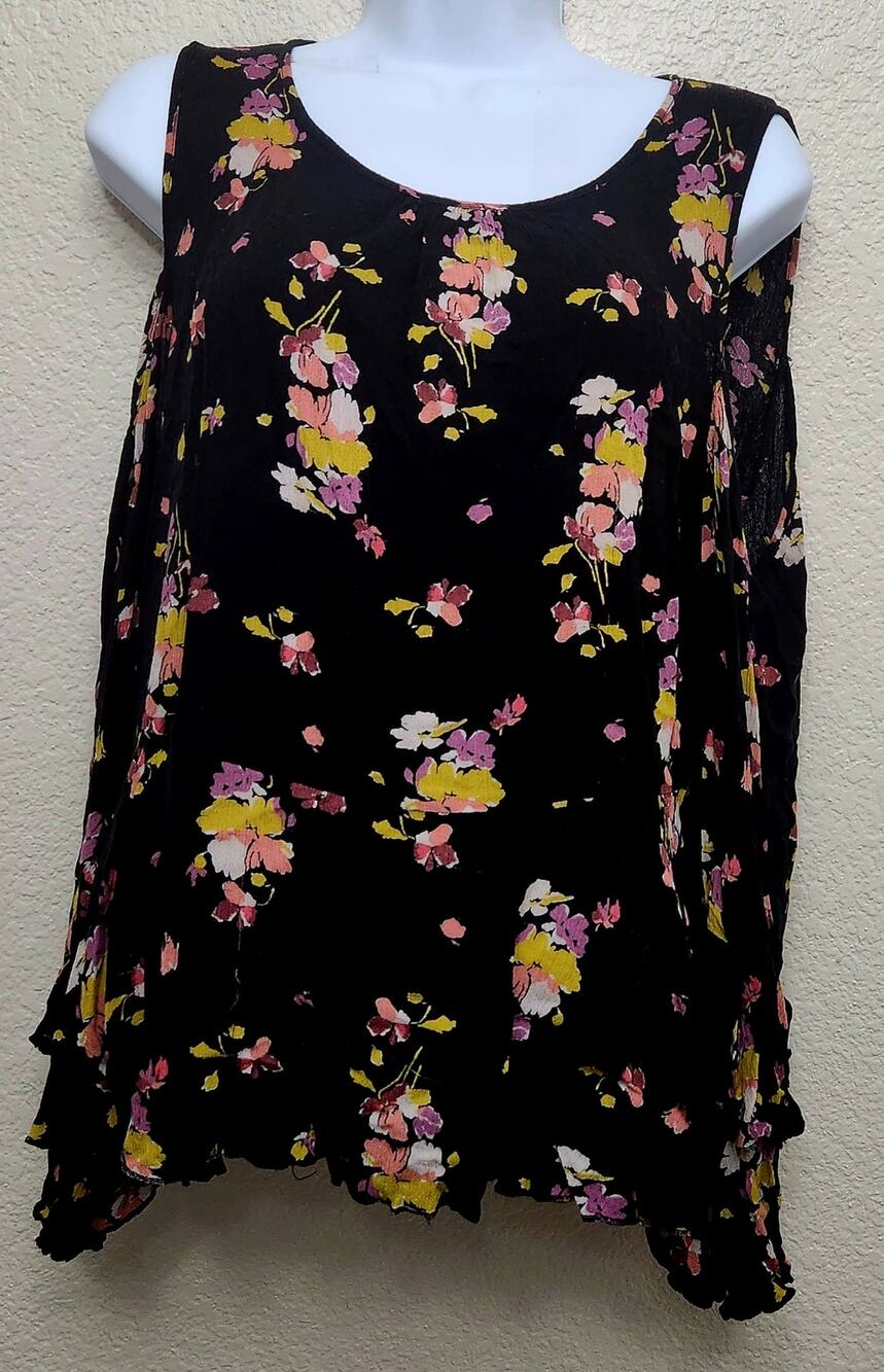 Abound Black Pink Yellow Floral Print Cold Shoulder Top Large Ruffled Hem Flowy